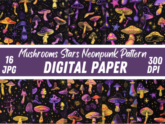 Download Neon Funky Fantasy Mushroom Star Pattern - Fantasy mushroom Collection